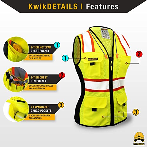 Kwiksafety (Charlotte, Nc First Lady Safety Vest For Women (Snug-Fit) 9 Pockets Premium Class 2 Custom High Visibility Reflective Ansi Osha Fitted Construction Work W/ Zipper | Yellow Medium #TOP4