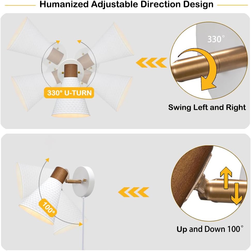 White Plug in Wall Sconces Set of 2, Modern Wall Light with Plug in Cord, Wooden Plug in Sconce with Hammered Metal Shade, Corded Wall Sconce Light Wall Lamp for Bedroom, Living Room, Hallway