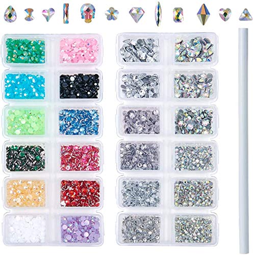 Outuxed 3196pcs AB Crystal Flatback Rhinestones Mixed Size and Shapes 3D Nail Art Rhinestones Glass Charms Gems Stones with 1 Picking Pen for Crafts