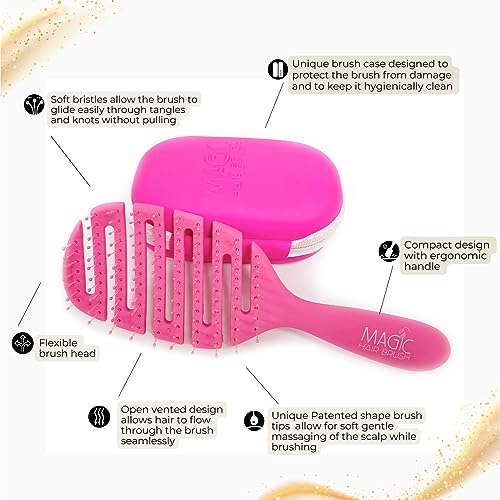 Magic Hair Brush Detangler Sports - Travel Detangle Comb for Women, Men and Children Detangling Vented Hairbrush with Flexible Bristles for Wet, Curly, Thick Hair, Dark Pink with Case - Image 2