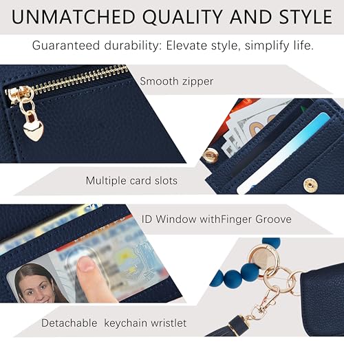 Image of Keychain Wallet for Women,RFID Wristlet Wallet with Beaded Strap | Tri-Fold Design,6 Card Slots,ID Window,Zipper Coin Pocket,Lightweight Carry