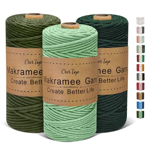 OurTop Hilo Macrame 3mm x 100m, Juego de 3 Cuerda Macrame Cordon Macrame Hilo de Macramé para Manualidades, Colgar de La Pared, Decoración Bohemia(Verde Alga, Verde Oscuro, Verde Militar)