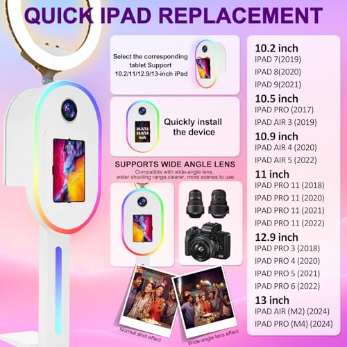 ZLPOWER Photo Booth for iPad 10.2\" 10.5\" 10.9\" 11\" 12.9\" 13\" for Camera Dualuse Photobooth Machine Selfie Station Stand APP Control RGB Light Music Sync Light Box with Flight Case for Rental Wedding