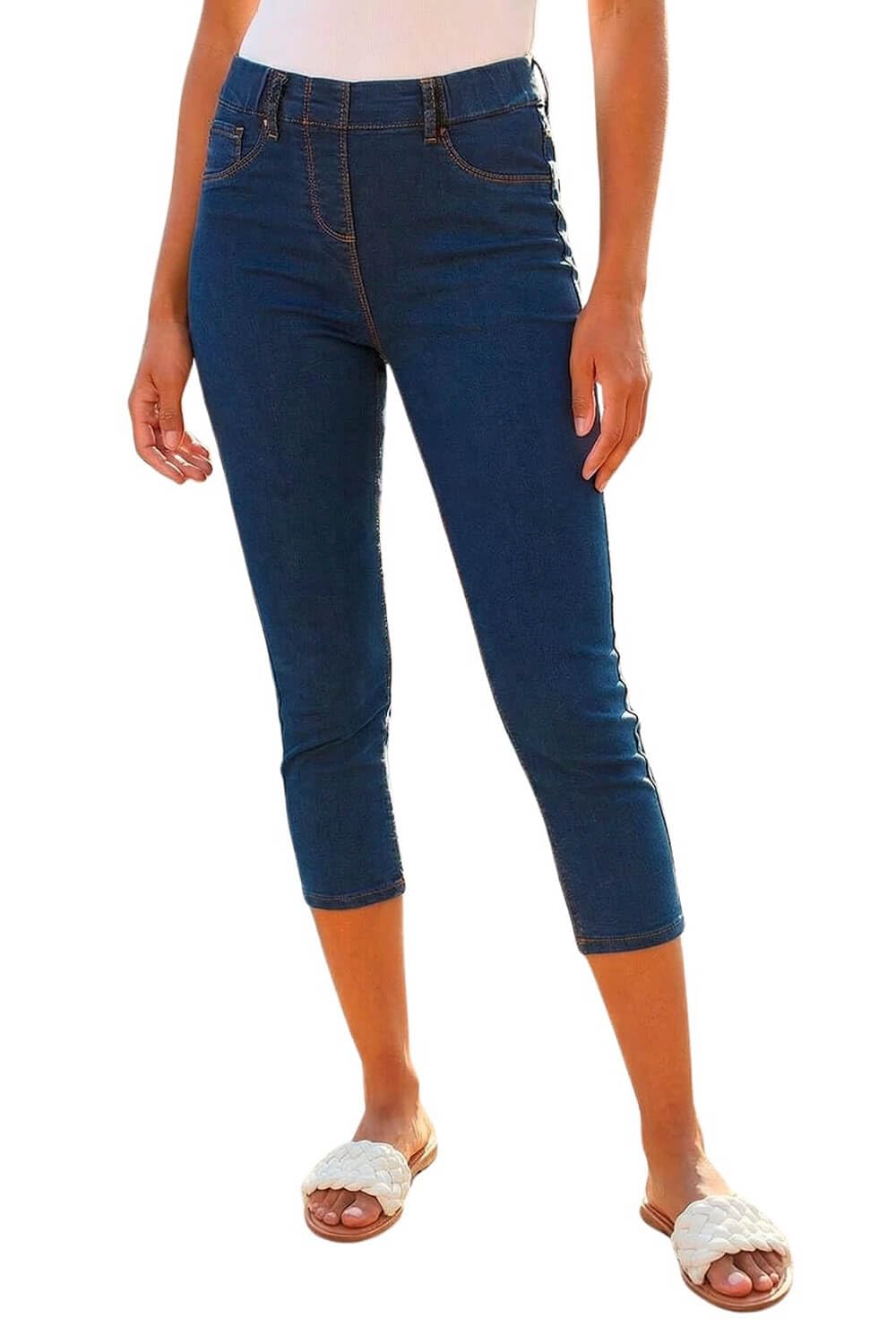Roman Originals Women's Indigo Roman Cropped Jeggings For Uk Capri Stretchy Jeans Denim Legging Cotton Summer Trouser Three Quarter 3/4 Length Pull On Cut Off High Waist Smart - Size 8