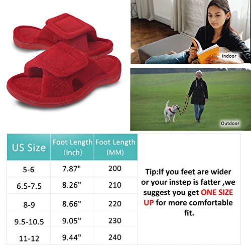 Git-Up Women's Memory Foam Slippers With Arch Support Adjustable Hook And Loop Slippers Diabetic Open Toe Soft Bedroom House Slippers For Indoor Outdoor Shoes Red Us 6.5/7.5 #TOP6