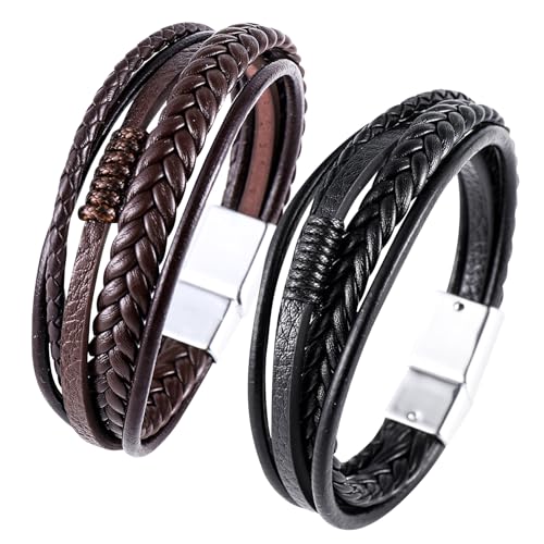 Mens Leather Bracelet,Braided Cowhide Rope,Vintage Style Handmade Braided Leather Bracelet for Christmas Father's Day Valentine's Day Birthday,Mens Bracelets Gift for Boyfriend Husband(Brown,Black)