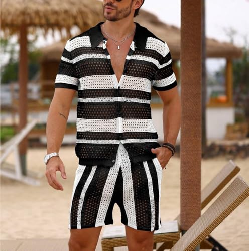 Men's Hollow Out Striped Design Crochet Knitted Two-Piece Set Summer Fashion Knitwear for Men4