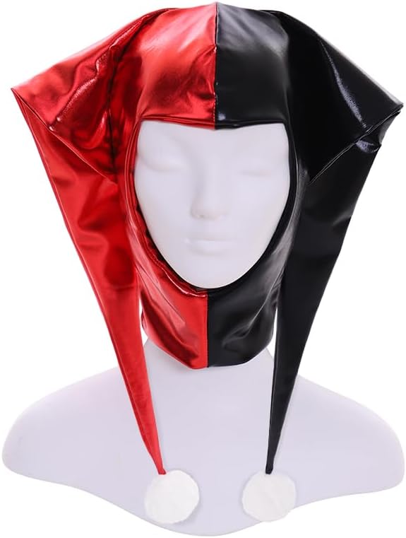 Harlequin Jester Costume Hat Bonnet Red and Black Evil Clown Costume Hat Cap Accessories Headpiece for Adult