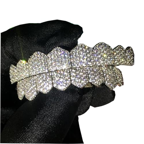 Grillz street Hip Hop personality Gold Shiny Copper gold-plated teeth Grillz Vampire fangs Grills Daily wear Halloween and Party Unisex - Comes With Tweezer & Dental Wax (8009Silver)