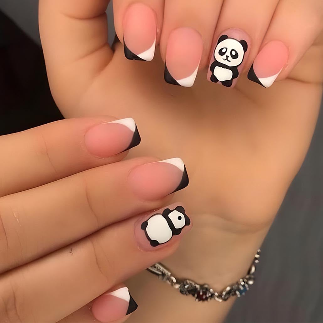 Foccna French Tip Press on Nails Pink Medium Women's Square White False Nails Tips Daily Artificail Nails 24 pcs