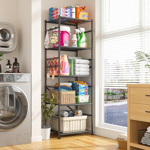 Image of DurayLoly 5-Tier Storage Shelves,Sturdy Metal Shelving Unit with Hooks,Wobble-Free Storage Rack with Leveling Feet,Slim Standing Shelf Organizer for Garage Kitchen Pantry,17.7 inchWx11.8 inchD x58.3 inchH,Black