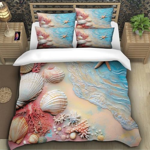 Parure de lit plage en microfibre premium avec motifs coquillages imprimés 3D