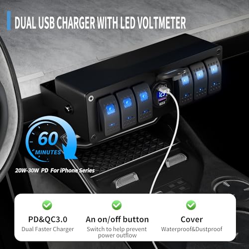 Image of Joinfworld 6 Gang Rocker Switch Box Waterproof 12V SPST ON /Off lED Light Bar Switch Panel with Dual USB Outlet PD3.0 & QC3.0 Car USB Port for Boat Marine Automotive Car Truck RV UTV