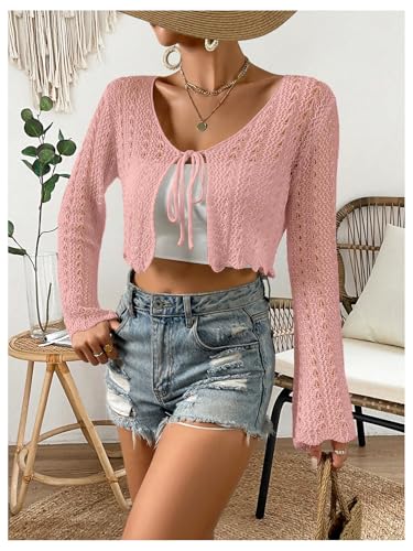 Image of SHENHE Women's Tie Front Cardigan Trumpet Sleeve Pointelle Knit Crop Tops
