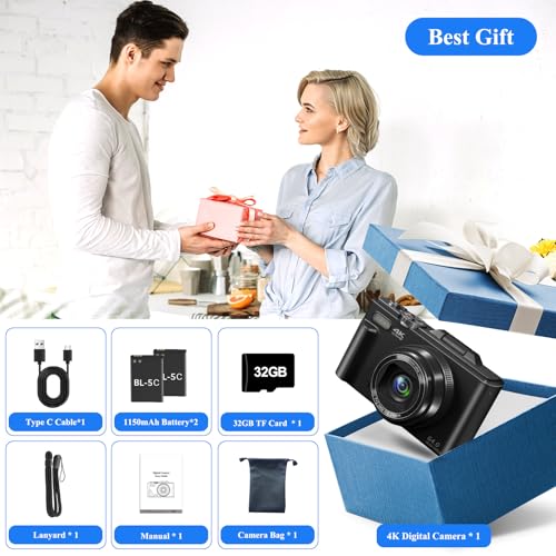 Image of 4K Digital Camera for Photography with WiFi & 18X Digital Zoom | 64MP Vlogging Camera for YouTube, 3'' Flip Screen and 32GB TF Card & 2 Batteries, Webcam Function, Black