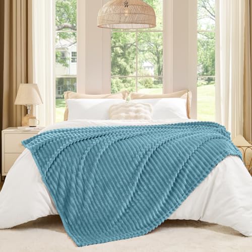 Image of BEDELITE Fleece Throw Blanket for Couch - 3D Ribbed Jacquard Soft and Warm Decorative Fuzzy Blanket - Cozy, Fluffy, Plush Lightweight Washed Blue Throw Blankets for Bed, Sofa, 50x60 inches