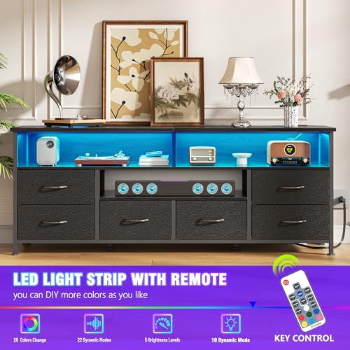 Image of Furologee 55 inch LED TV Stand for Bedroom, Entertainment Center with 6 Fabric Drawers for 50 55 60 Inch TVs, Dresser TV Stand Console Media Table with Power Outlets for Living Room, Black