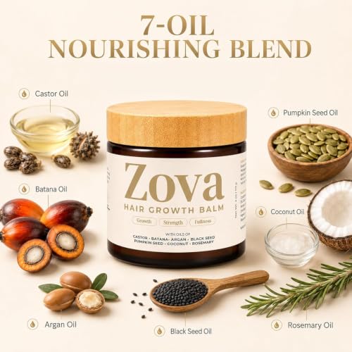 Image of Zova Hair Growth Balm with Batana, Castor, Argan & Rosemary Oil | 7 Oil Blend | Deep Scalp Nourishing & Moisturizing Hair Treatment | Supports Thicker, Stronger & Healthier Looking Hair | For Men & Women 100gm
