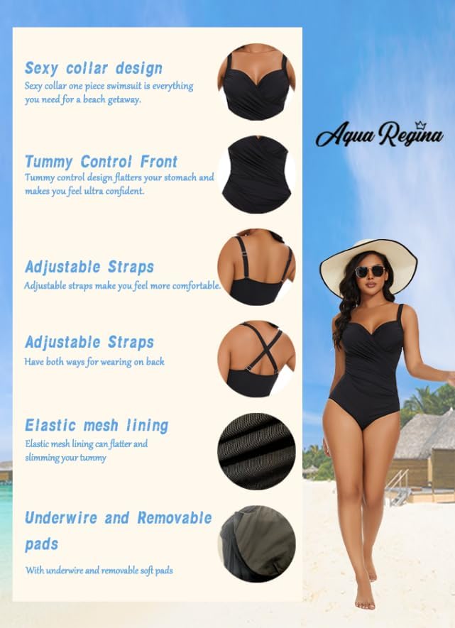 Aqua Regina Plus Size Swimsuit for Women One Piece Bathing Suit Ruched Tummy Control Adjustable Swimwear - Image 4