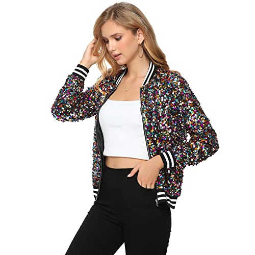 Womens Long Sleeve Sequin Open Front Zipper Jacket With Ribbed Cuffs Plus Size Sequin Blazer For Party Birthday Christmas (Multicolored Medium) #TOP2