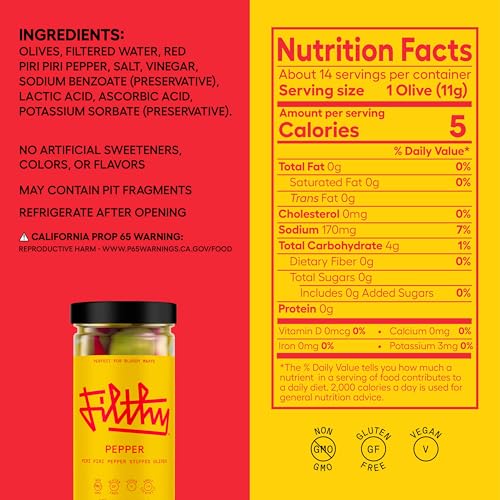 Filthy Pepper Stuffed Olives, Premium Cocktail Garnish, Piri Piri Pepper Stuffed Olives, Non-GMO, Gluten Free, Vegan, Naturally Cured Queen Olives Hand Stuffed in the USA, 8.5 Oz Jar, 14 Olives