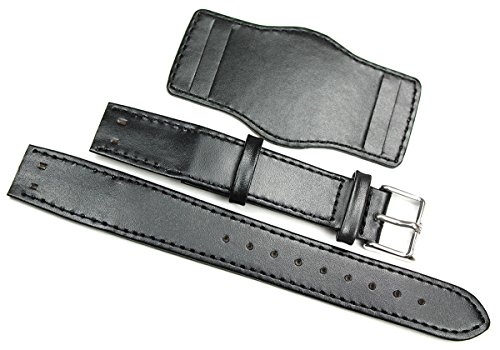 Bracelet de montre cuir aviateur noir 20mm d'excellente manufacture avec rabat protecteur
