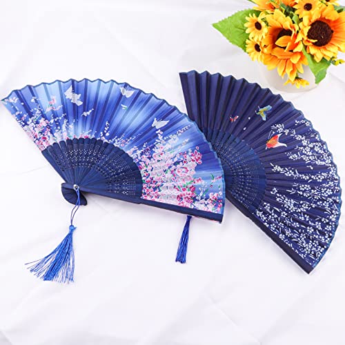 2 Stück Faltfächer mit Fransen aus Seide, Handfächer, tragbar, 21 x 38 cm, faltbar, für Fächer Hochzeit, Tanz etc. (Jahr- Blue2)-7