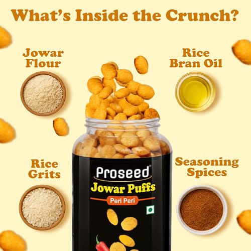 Image of Proseed Jowar Puffs (Peri Peri) | 150g x 1 Pack | Slow Roasted & 100% Veg | No Refined Flour, Sugar & Trans-Fat | Gluten Free | No Palm Oil | Healthy Travel Friendly Millet Snacks