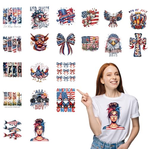 20Pcs Papiailove 4th of July Dtf Transfers Ready to Press Independence Day Iron on Transfers for Tshirts 250th Anniversary Transfer Vinyl Stickers for Clothing Pillows Bag DIY Crafts
