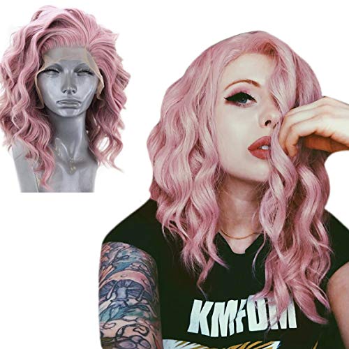 WUJIE Pink Lace Front Wigs for Women Long Wavy Synthetic Hair Replacement Cosplay Curly Wig Costume Party 16 Inch