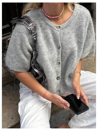 GORGLITTER Women's Short Sleeve Button Up Cardigan Crewneck Lightweight Knit Business Casual Sweater Old Money Tops2