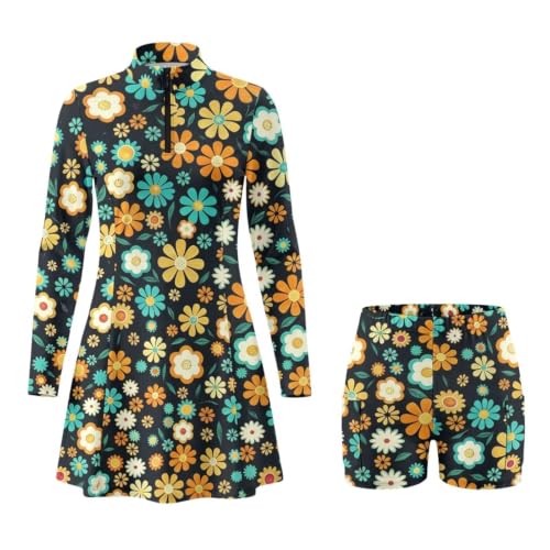 Rnyleeg 60s 70s 80s Women's Long Sleeve Golf Dress Retro Hippie Flower