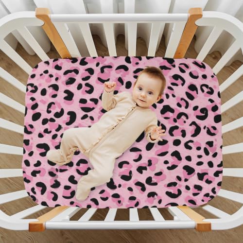 Image of Leopards Cheetahs Print Pinks Crib Sheets Soft Breathable Fitted Baby Crib Sheets Mattress Cover for Girls Boys, 52 inch x 28 inch x 9 inch
