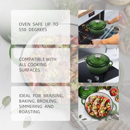 Image of 3 Quart Dutch Oven Enameled Cast Iron with Lid - Big Dual Handles - Oven Safe up to 500F - Classic Round Pot for Versatile Cooking Green