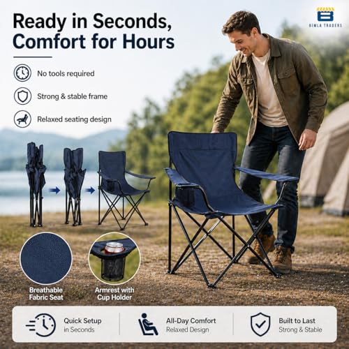Image of Foldable Camping Chair with Armrest & Cup Holder, Portable Outdoor Chair with Carry Bag for Camping, Picnic, Fishing & Travel - Navy