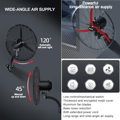 High Velocity Industrial Wall Fan, 26in Adjustable Height & Tilt, 3 Speed Heavy Duty Metal Oscillating Fan for Indoor/Outdoor Use, Wall Mountable, Powerful Air Circulation