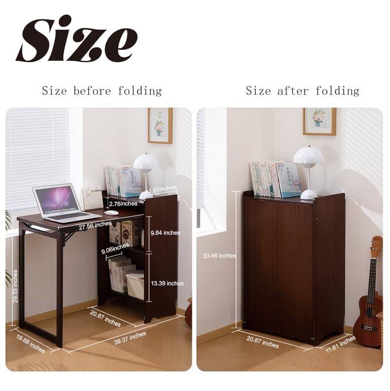 Image of Walnut Foldable Office Desk, Fold Out Convertible Hidden Computer Desk with Storage Shelves, Multi-Function Folding Murphy Writing Table for for Small Spaces, Home Office