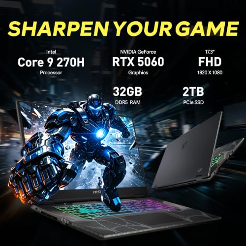 Image of msi Cyborg 17 17.3 inch FHD 144Hz Gaming Laptop, Intel Core 9-270H, NVIDIA GeForce RTX 5060, 32GB DDR5, 3TB Storage(2TB SSD+1TB Docking Station Set), Backlit Keyboard, WiFi 6E, Win 11, Translucent Black