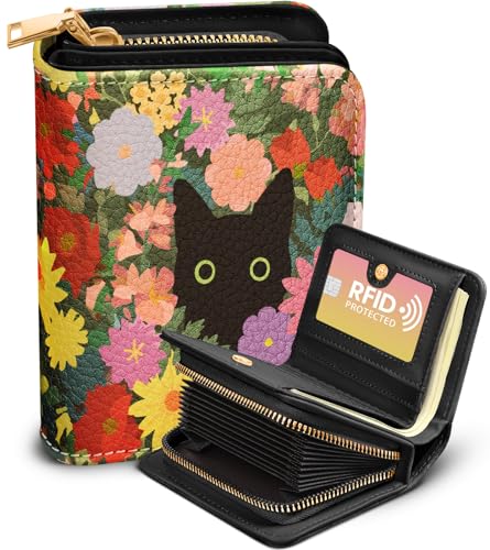 Image of Bistup Leather 12 Slot Accordion Card Holder Wallet, Cat Flower | Accordion Storage, Zipper Around Closure, Compact Patterned Wallet for IDs, Cards, Cash, Daily Carry and Gifts