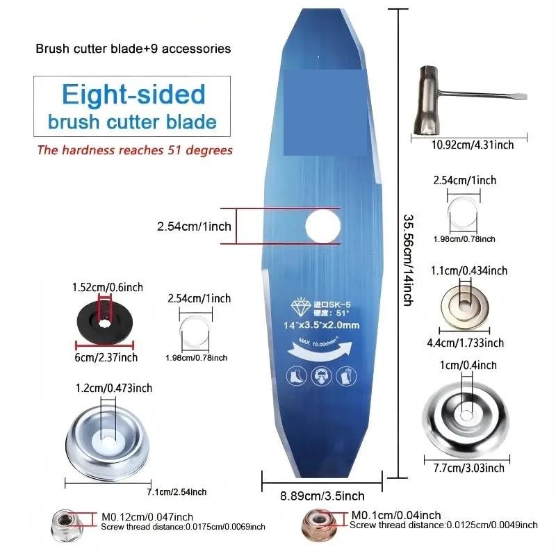 Cuchilla for cortacésped de Acero al Carbono Sk5 de 14 Pulgadas y 10 filos, Apta for desbrozadoras, Adaptador 6/9(9 Accessories)