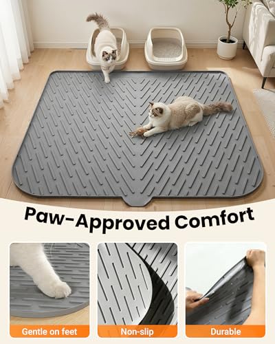 Cat Litter Box Mat, 47\" x 37\" Extra Large Cat Litter Mat, Silicone Waterproof Litter Trapping Mat for Scatter Control Soft on Kitty Paws Non-Slip Easy to Clean（Grey) - Thumbnail 7
