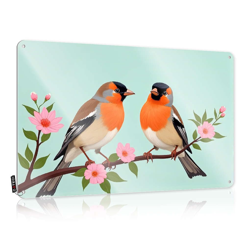 Sujd Colour Tin Metal Sign Statue Ready To Hang - Two Colorful Birds Perched On A Blossoming Branch. Letters For Entrance(20X30cm)
