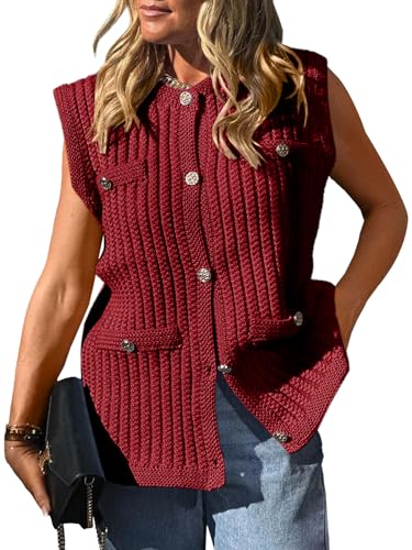 Image of Saodimallsu Womens Sleeveless Sweater Vest Button Up Cable Knit Crew Neck Trendy Casual Loose Summer Cardigan