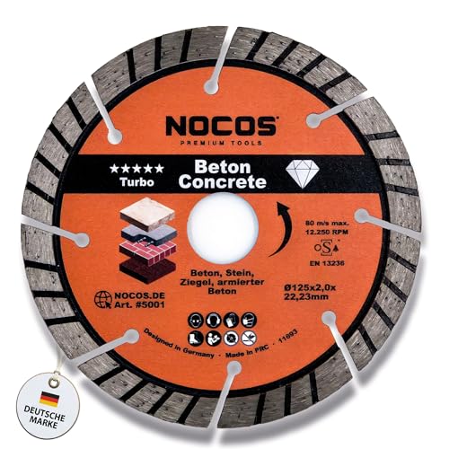 NOCOS Disco de diamante turbo de 125 mm para hormigón, piedra, ladrillo y otros materiales de construcción, disco de corte de diamante para amoladora angular y cazadora de muros