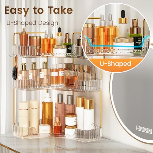 Image of Corner Bathroom Counter Organizer 3-Tier Bathroom Organizer Countertop with Hooks Perfume Organizers Storage Shelf for Makeup & Skincare Dresser-Clear