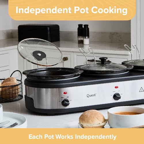 Quest Triple Slow Cooker, Buffet Server & Food Warmer, 7.5L Total Capacity - 3x 2.5 Litre Ceramic Pots, Easy to Clean, Includes Lids & Lid Stands, 3 Heat Settings - Image 6