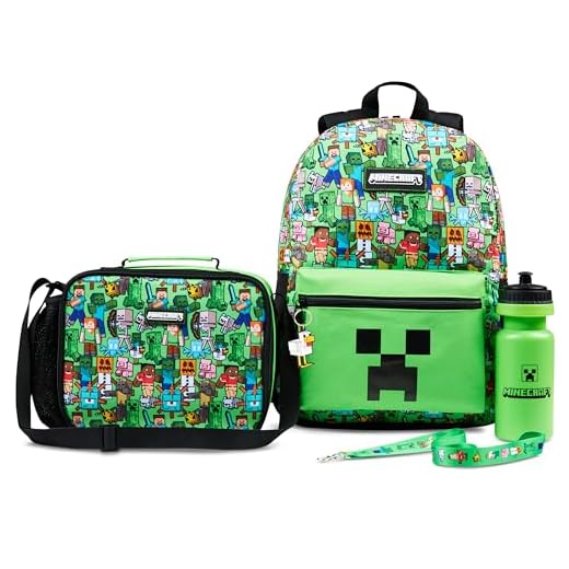 Minecraft Mochila Escolar Set de 5 Piezas Botella de Agua Bolsa Almuerzo Estuche Infantil Mochila Cuerdas o Llavero Correa con Cordón Material Escolar (Verde AOP)