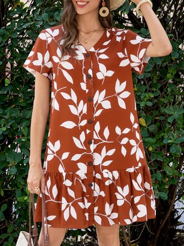Image of Imysty Womens Polka Dot V Neck Button Down Ruffles Loose Mini Short T-Shirt Dress