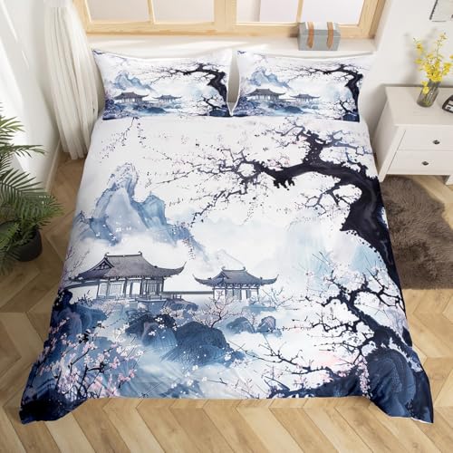 Homewish Housse de Couette 140x200 Fleur de Cerisier Esthétique, Parure de Lit Adulte Style Japonais, Sets de Housses de Couettes Chinois Oriental Vintage,...