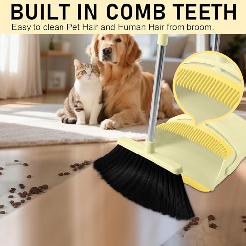 Image of BSKLIN Broom and Dustpan Set for Home, 52 inch Long Handle Broom Set with Dustpan Teeth to Clean Hair Sweeping Indoor and Outdoor (Yellow)